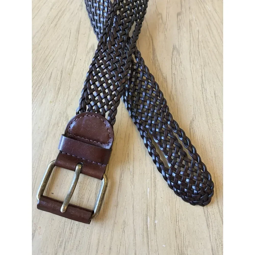 DKNY Women's Mocha Brown Braided Woven Wide Leather Belt w/ Buckle Minimalist M